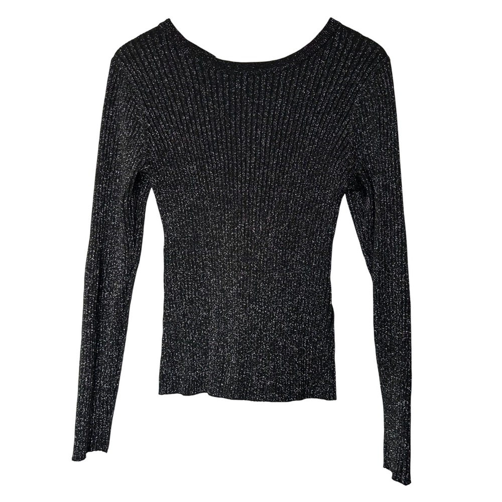 ICHI Sweater Size M Ihcosimo‎ Pullover Open Back Laced Black Silver Ribbed Knit